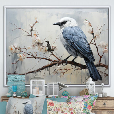 «Misty Blueray Bird on Branch», reproduction d'art sur toile