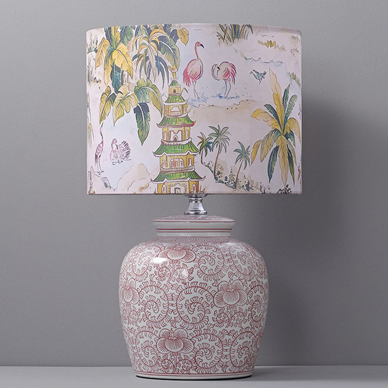 Petite lampe de table moderne en céramique rouge avec abat-jour en polyester pour le salon de la chambre à coucher, ampoule incluse