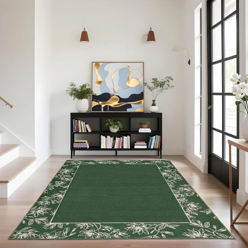 Tapis de couloir lavable à bordure moderne, tapis à motif floral abstrait antidérapant pour cuisine, buanderie, vestibule, lin