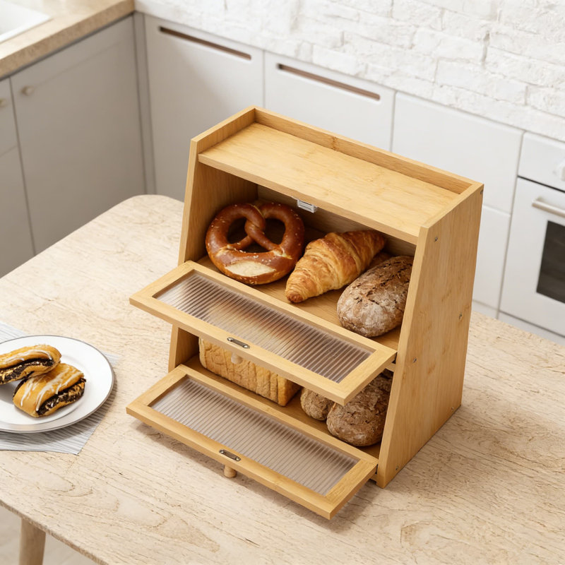 Bamboo Bread Box With Wavy Acrylic Door, Double Layer Bread Storage Container For Kitchen Countertop, Large Capacity Bread Keeper With Flat Top