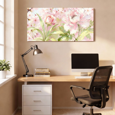 Floral Pink Roses And Peonies Watercolor Canvas Wrapped Wall Art Oil Painting Print Set Of 1