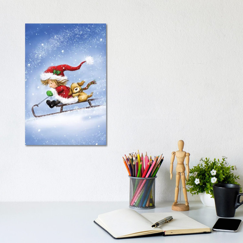 Little Girs On Sled by MAKIKO - Wrapped Canvas Print, 20.32 cm H x 30.48 cm W