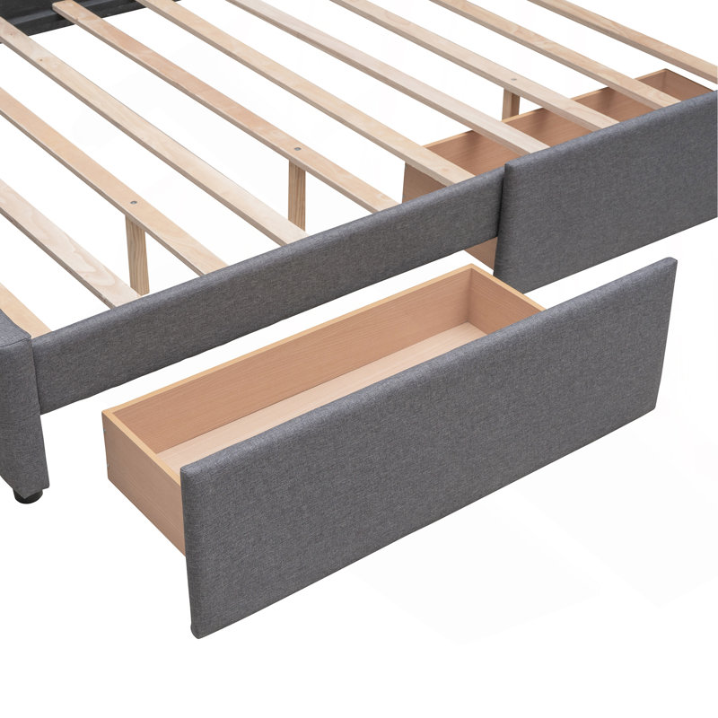 Lit plateforme tapissier avec 2 tiroirs et 1 lit simple TG, tissu en lin