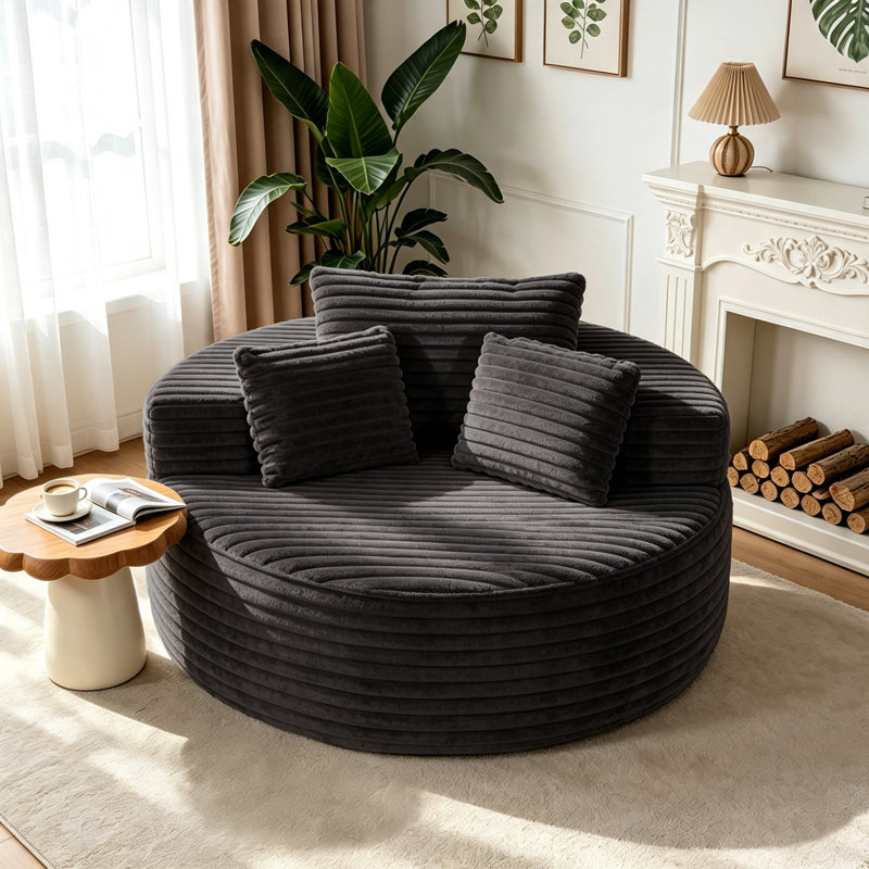 Fauteuil lounge rond surdimensionné de 140 cm en velours côtelé, canapé sans structure avec coussin, aucun assemblage requis - Gris foncé