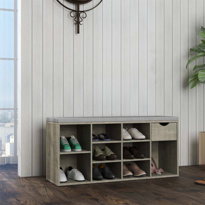 Banc de rangement multifonctionnel avec coussin rembourré, tiroir et compartiments ouverts pour l'entrée et le salon