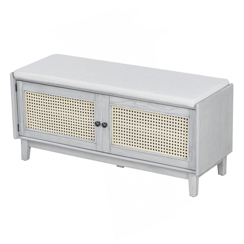 Boho Rattan Entryway Bench With Storage, Cushioned Shoe Bench With Double Doors, Wooden Shoe Organizer Bench For Entryway And Hallway