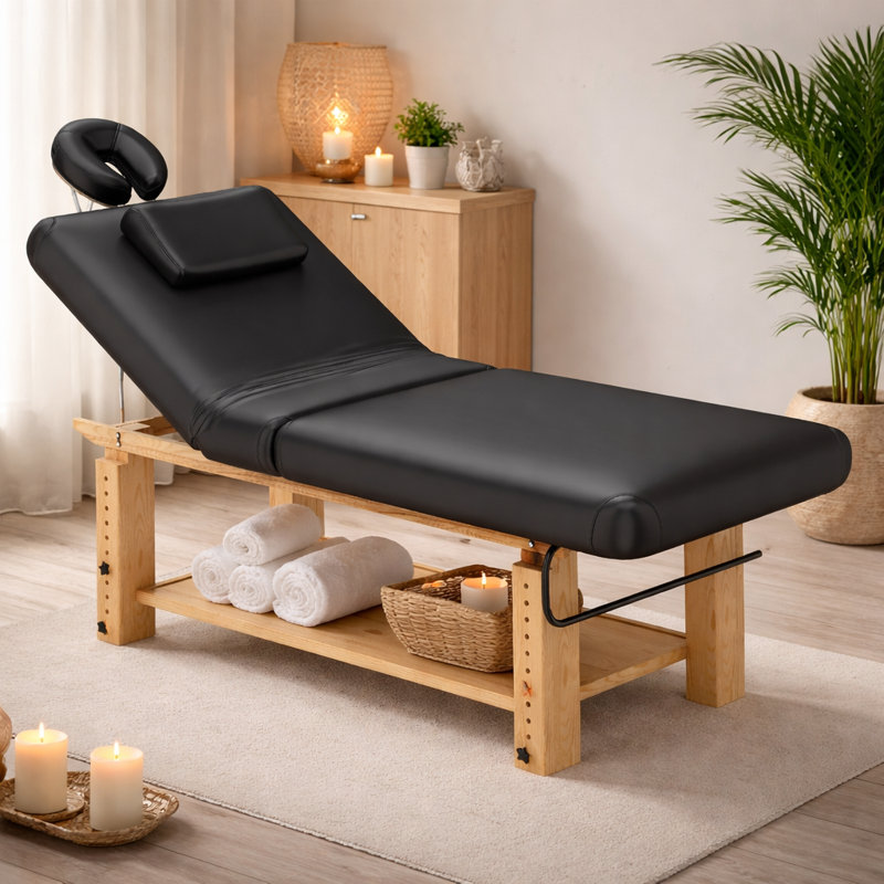 Table de massage professionnelle de 75 pouces avec hauteur réglable et appui-tête, lit de spa en cuir avec cadre en bois massif
