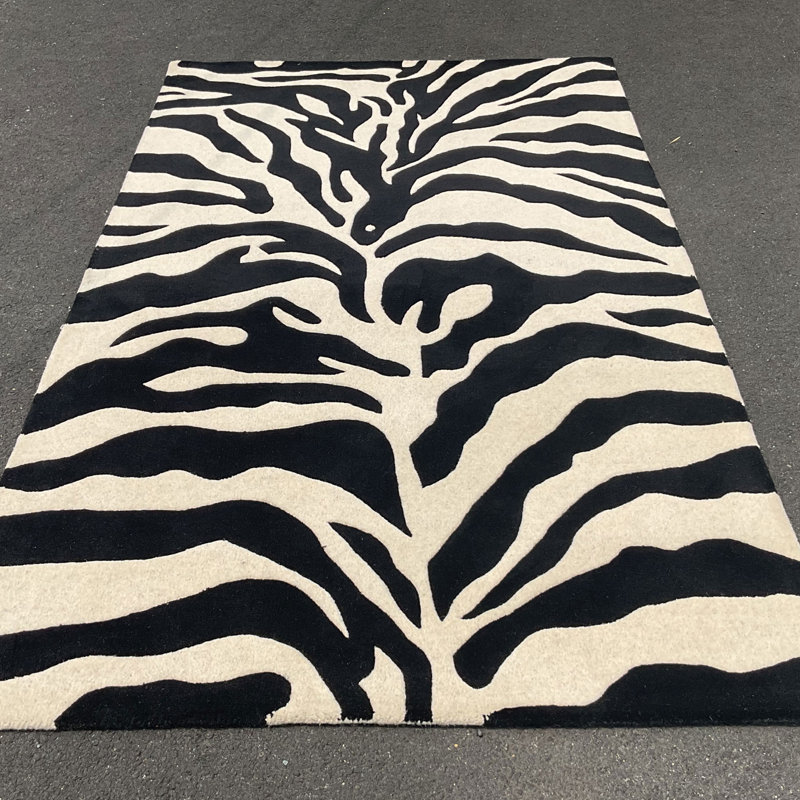 Tapis noir / blanc en laine touffeté à la main, Rectangle 5 pi x 8 pi
