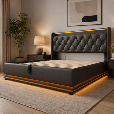 85.95 inch long large black PU soft pack hydraulic storage bed, 360 ° surround RGB lights, button/remote/APP three control, equipped with USB-C charging, not including mattress