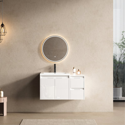 Meuble-lavabo 36 po avec lavabo en résine, charnières en acier inoxydable à fermeture douce, 2 portes, 1 armoire latérale, finition aspect brillant