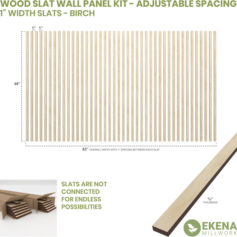 Ensemble de panneaux muraux réglables à lattes de bois, L 59 po x H 94 po x P 0,375 po, Bouleau