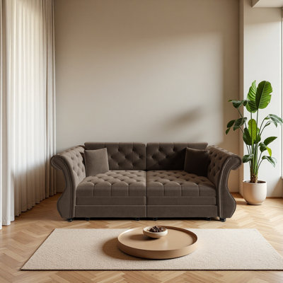 Canapé-lit surdimensionné de 83,8 po Chesterfield, canapé en velours à accoudoirs roulés classique avec capitonnage de fleurs, revêtement pour le salon / la chambre à coucher / appartement