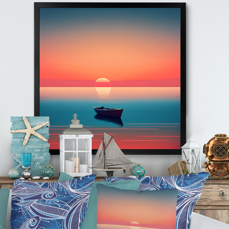 Patton Minimalistic Sunset pendant la pleine lune V - reproduction sur toile, L 16 po x H 16 po, Cadre photo noir