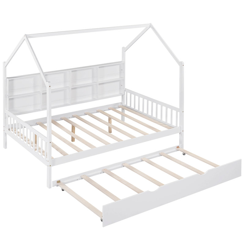 Wooden Full Size House Bed With Trundle,Kids Bed With Shelf, Full