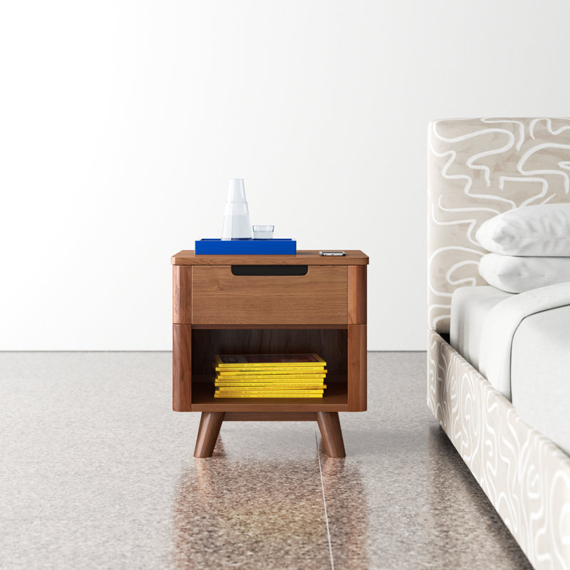 Walnut Mid-Century Modern 1-Drawer Nightstand with Shelf