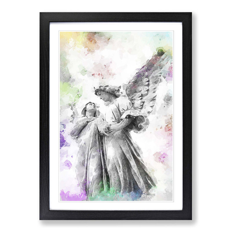 Angel Statue In Abstract - Single Picture Frame Painting, 45cm H x 33cm W x 2cm D, Black Framed