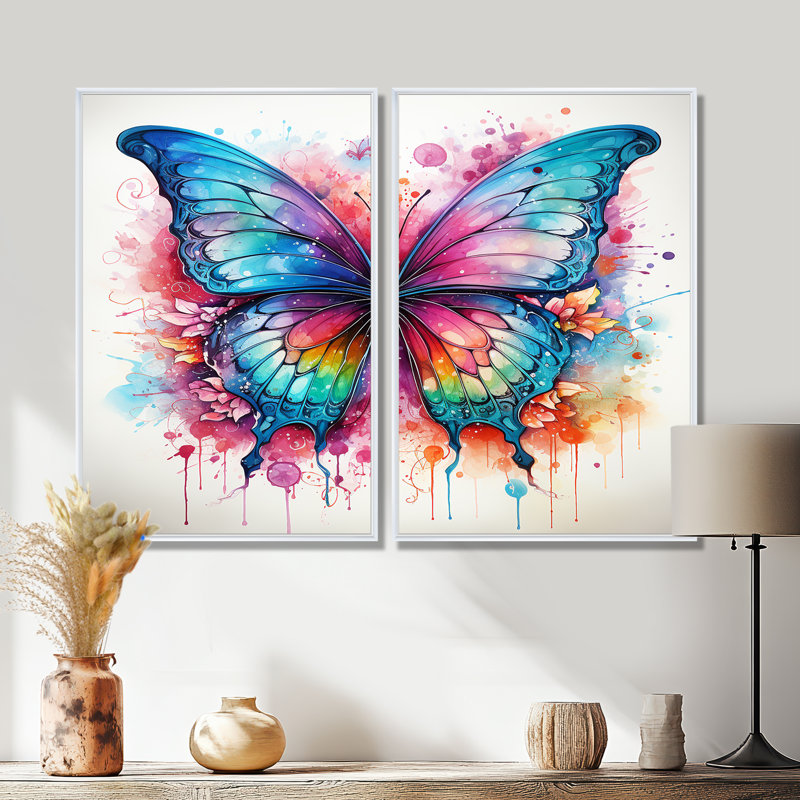 Papillon coloré 1 - Art mural moderne sur toile orange 2 pièces, H 36 po x l 48 po, Impression encadrée flottante, Blanc