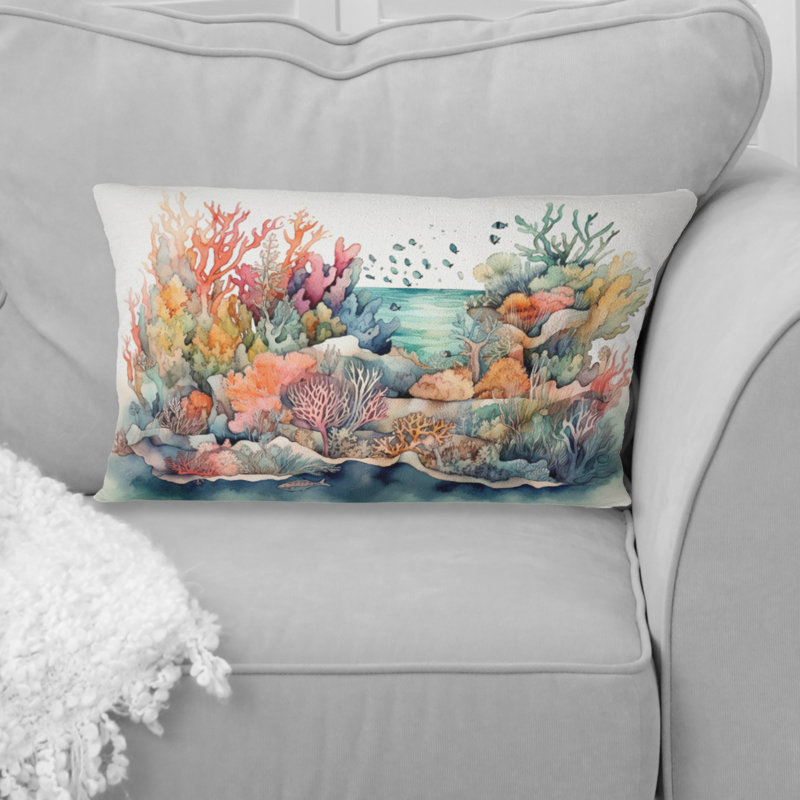 Coussin Vibrant Coral Reef II - Modern Beach, Rectangulaire, 12" x 20"
