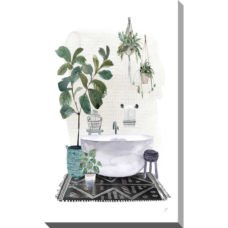 «Courtyard Bath No Cat Neutral» - Peinture, L 18 po x H 30 po, Toile tendue