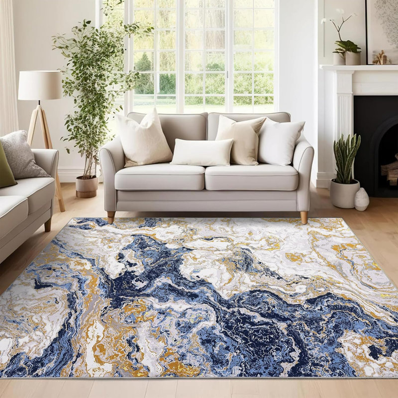 Modern Abstract Area Rug 8x10, Low Pile Washable & Non-Slip Carpet for Living Room, Bedroom, Blue, Rectangle 8' x 10'