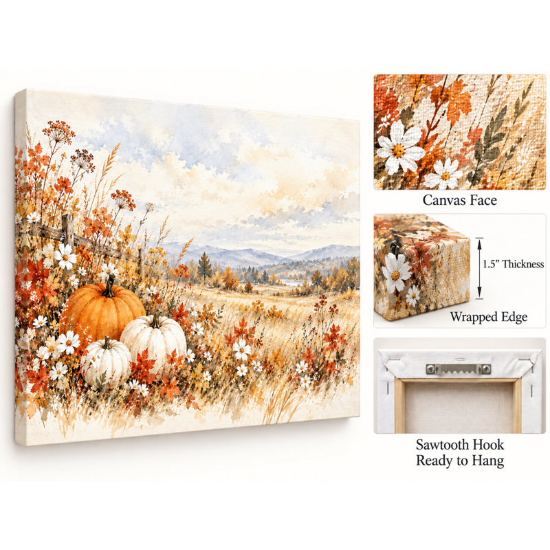 Paysage champêtre de citrouilles orange et blanches, emballé dans Ingwer, L 48 po x H 36 po x P 1,5 po