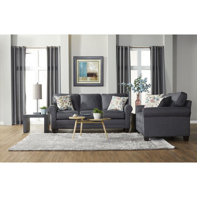 61" Round Arm Loveseat with Reversible Cushions, Jitterbug Grey Polyester