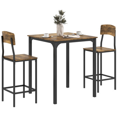 3 Piece Counter Height Bar Table and Chairs Set, Industrial Small Dining Table Set for 2, Square Kitchen Table and Stools with Steel Frame