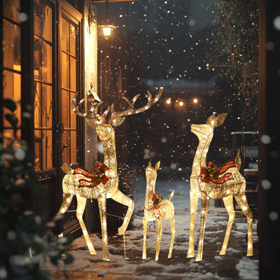 Lighted Christmas Decoration Deer 3 Piece, Light Up Christmas Decor Reindeer Family Set For Indoor Outdoor Front Yard Porch Christmas Gift  With Led Lights, Plug, Ground Stakes - Gold