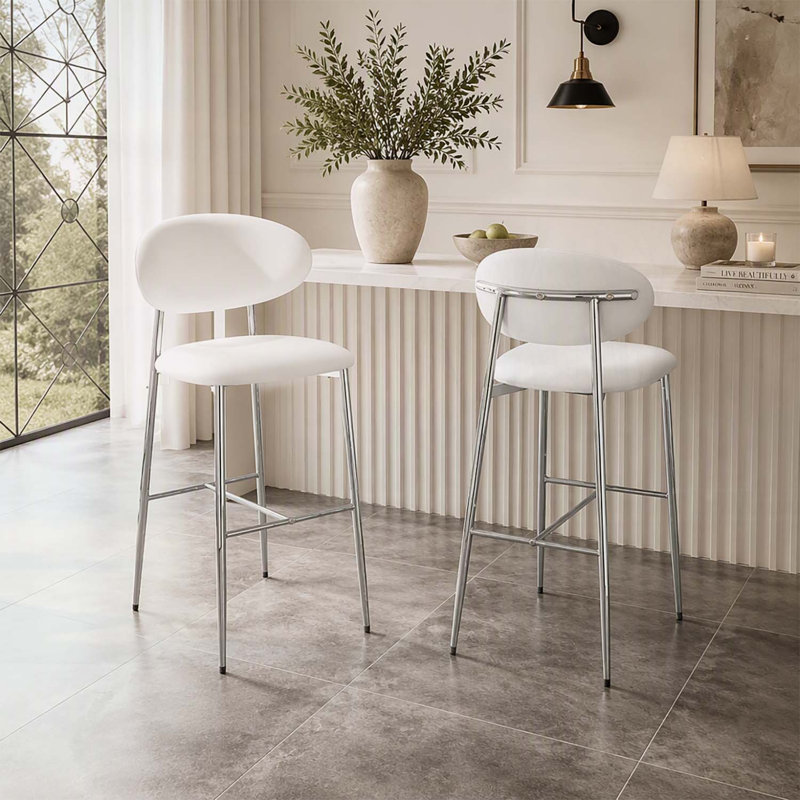 Set of 2 Modern Bar Stools, Curved-Back PU Leather Upholstered Counter Chairs with Chrome Metal Frame and Footrest, White