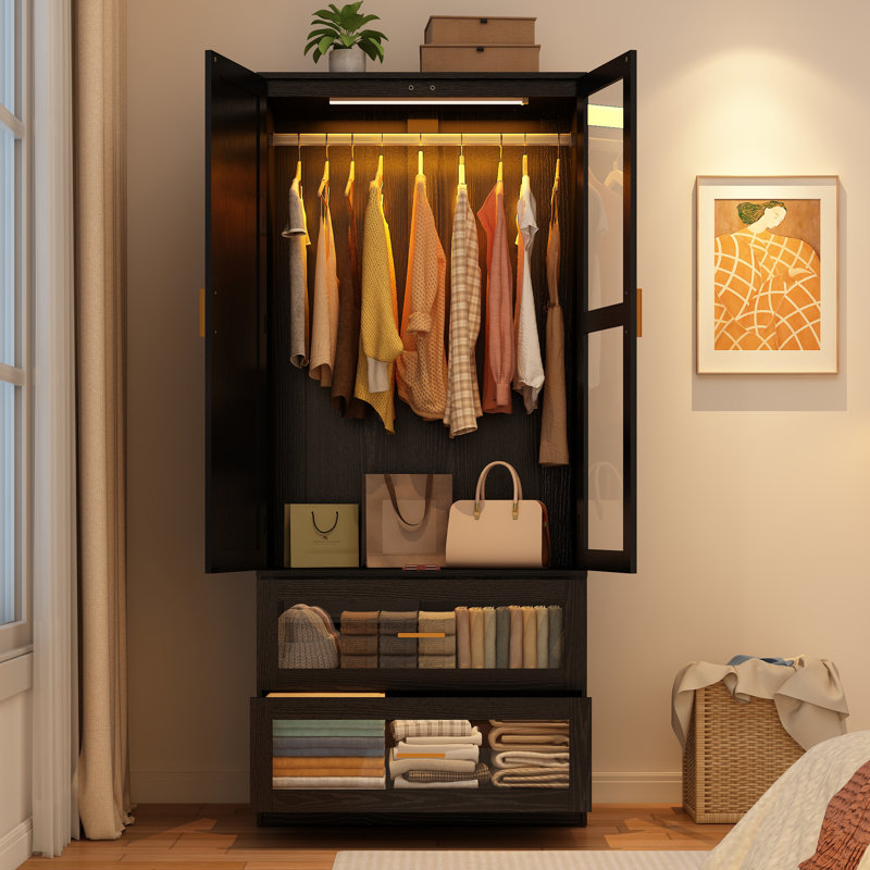 2-Door 71" H Armoire With LED Sensor Light, Acrylic Mirror, Drawers And Hanging Rod, Black