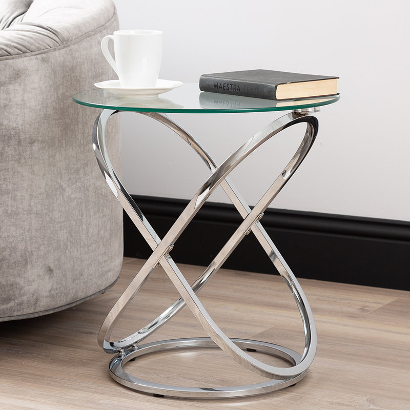 Round Sofa Table for Living Room Furniture, 61cm Metal Bed Side Table, End Table, Silver/Chrome