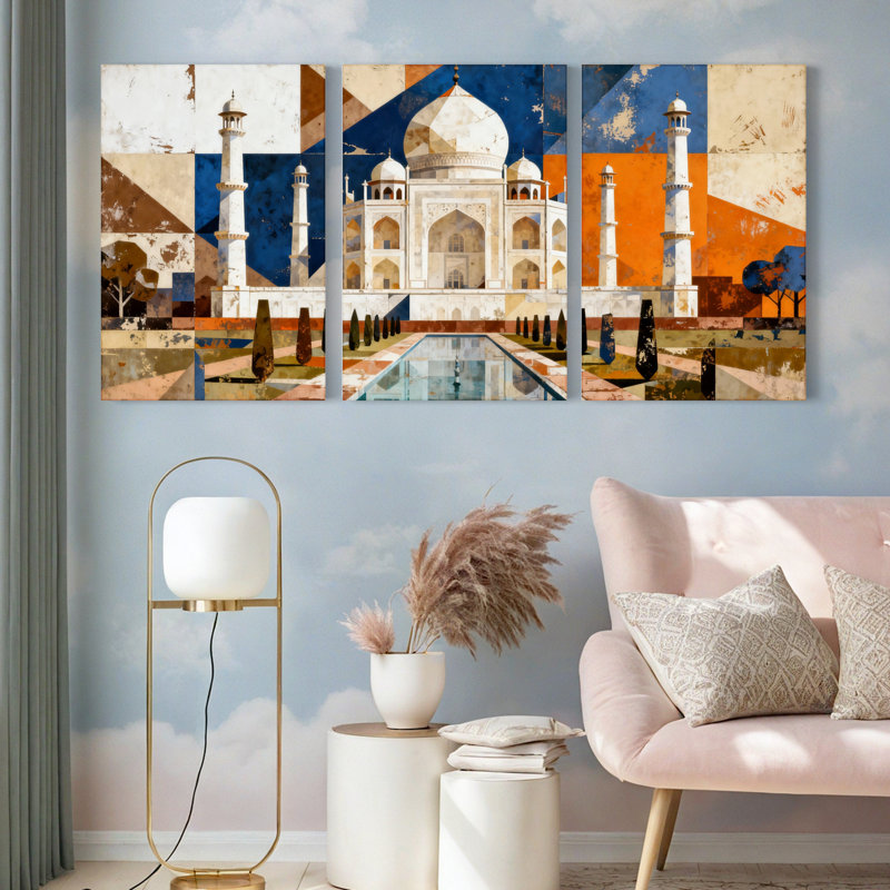 Tableau abstrait géométrique Taj Mahal sur toile tendue (lot de 3), H 18 po x l 36 po