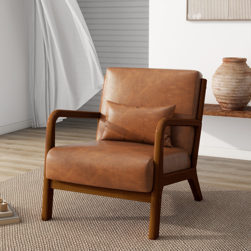 Jyrin 65.5Cm Wide Armchair, Dark Brown Wood, Light Brown Faux Leather