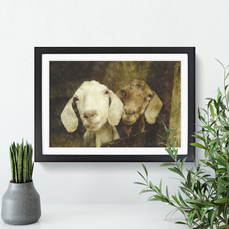 Pair of Goats - Picture Frame Painting, 27cm H x 36cm W x 2cm D, Black Framed