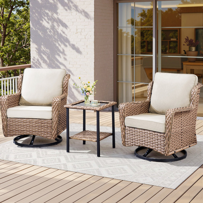 Chaises berçantes d'extérieur pivotantes avec table d'appoint et coussins, Beige