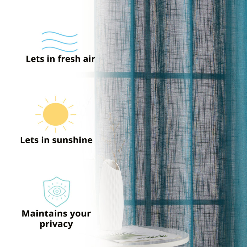 Grey Teal Faux Linen Semi-Sheer Grommet Curtain Panels, 84" Length