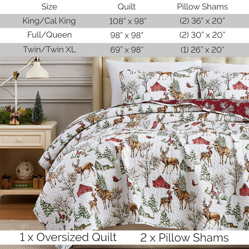 White and Red Reversible Christmas Twin Microfiber Quilt Set