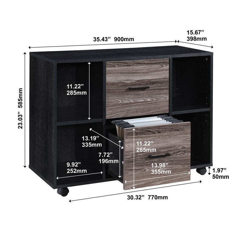 Walnut File Cabinet With 2 Drawers, Black