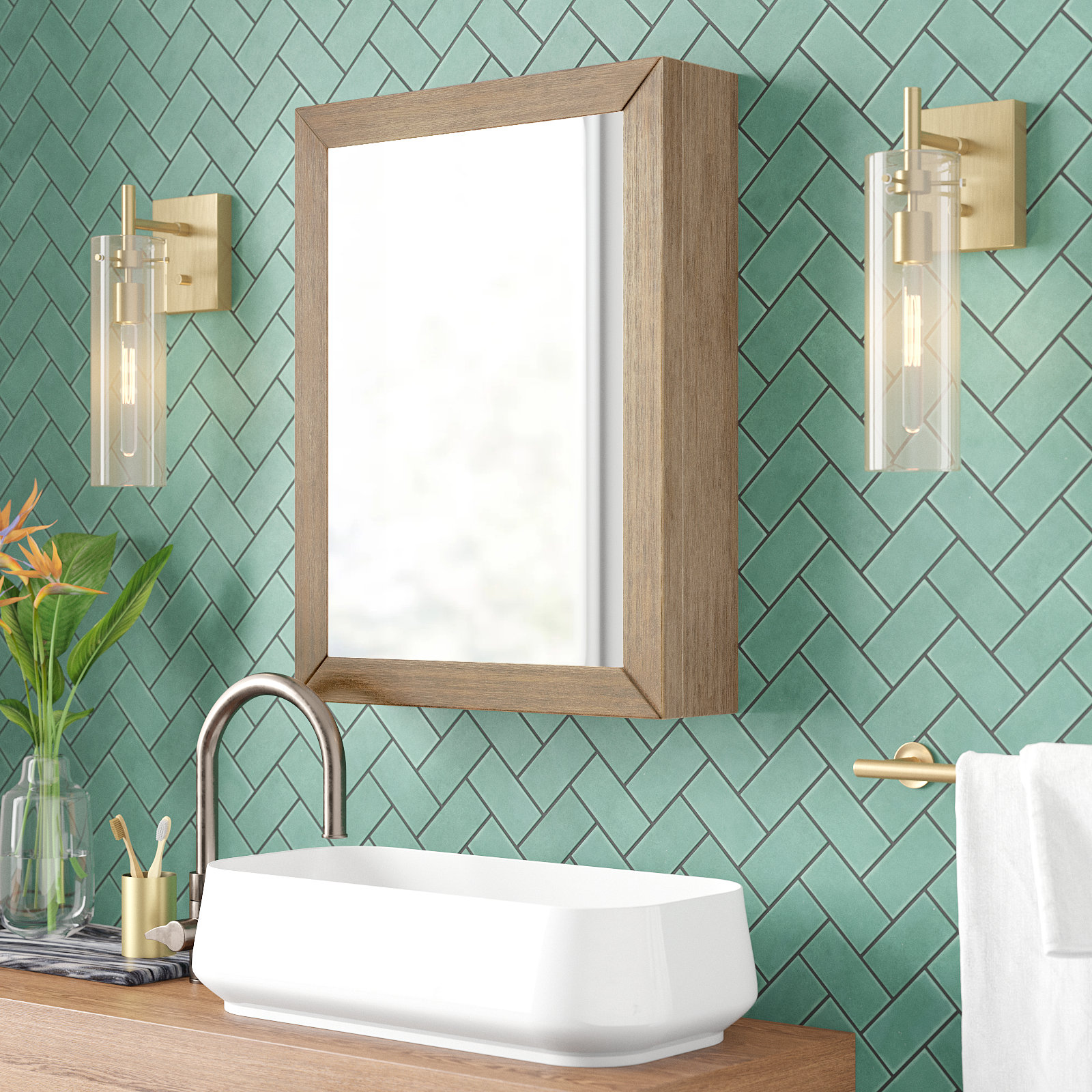 wood bathroom medicine cabinet with mirror