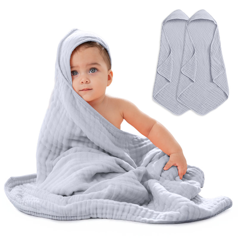 Slate Grey Hooded Baby Towel Set - 100% Muslin Cotton, 32 x 32 Inch