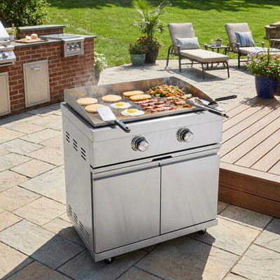 304 Stainless Steel Outdoor Gas Griddle, 30,708 BTU Dual-Burner Flat Top Grill with 4 mm Solid Cooking Plate, Lid, Storage Cabinet & Casters, LPG/NG Compatible