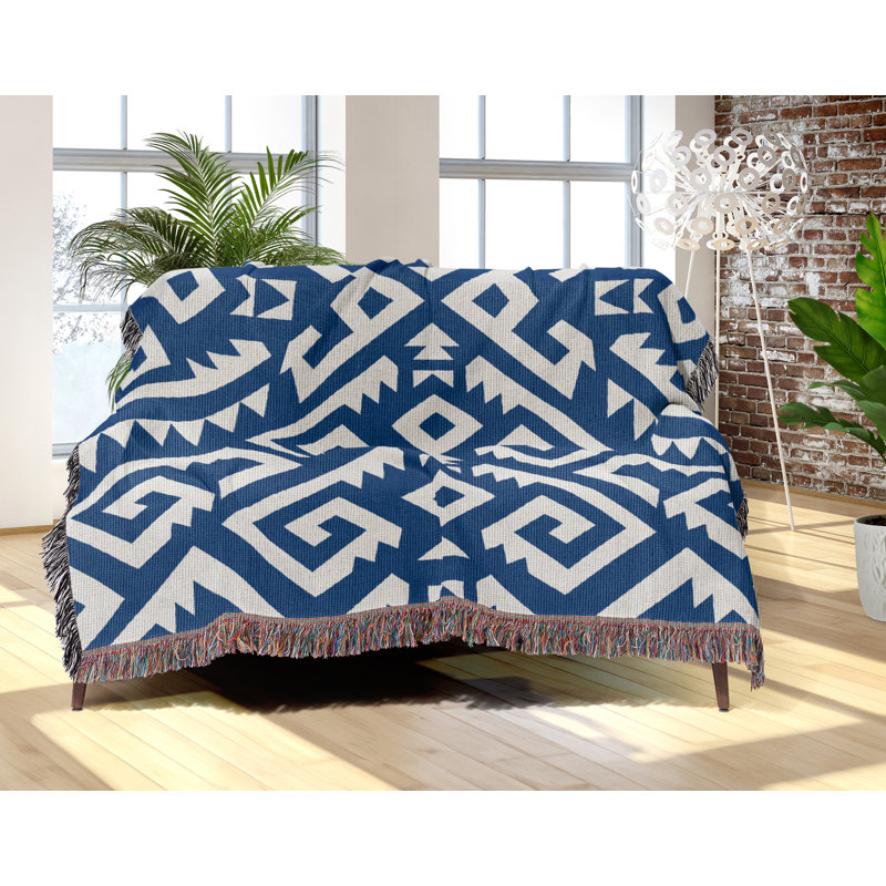 Jeté en mélange de coton Chitto South Western, L 70 po x l 50 po, Bleu / blanc cassé
