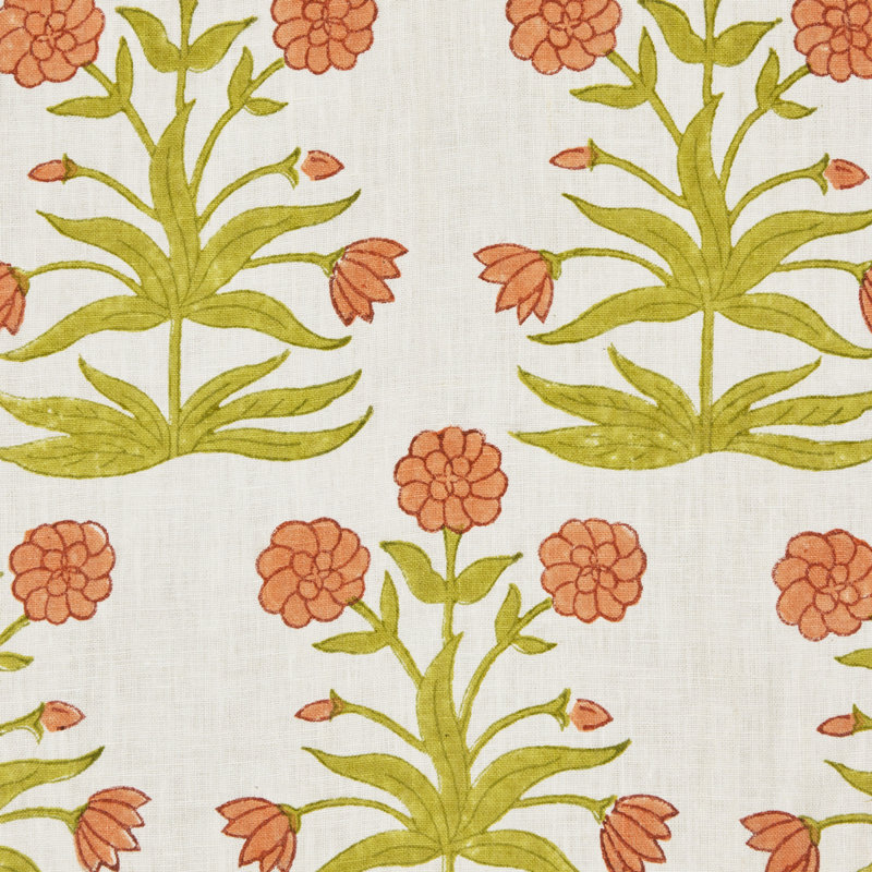 Schumacher x Molly Mahon Mughal Hand Block Print Fabric, Peach Sap Green
