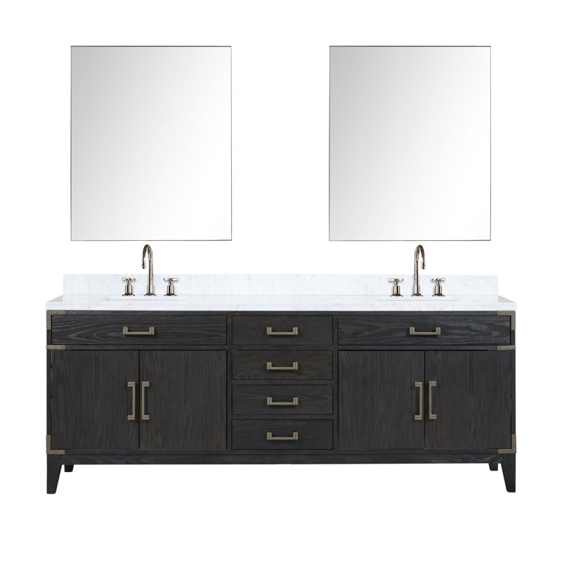 Ensemble de miroirs de salle de bain double avec robinet l 84 po x P 22 po Laurel, Marbre de Carrare blanc, Chêne blanc