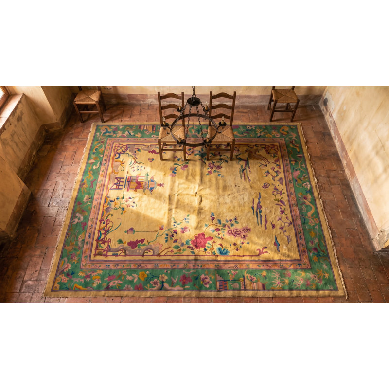 Scenic Antique Yellow Open Field Room Size Chinese Art Deco Wool Rug