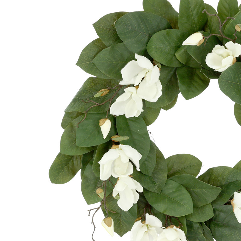 26" Magnolia Flowers And Leaves Arranged On A Wreath, White