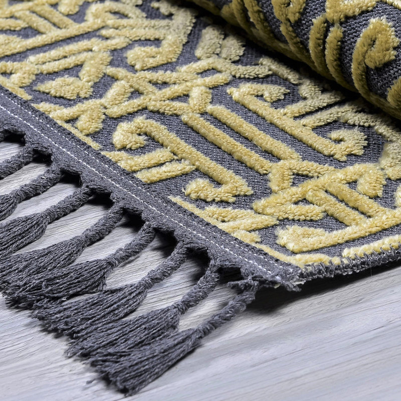 Tapis jaune / gris en coton tissé à la machine Syne, Tapis de couloir 3 pi 11 po x 16 pi 5 po