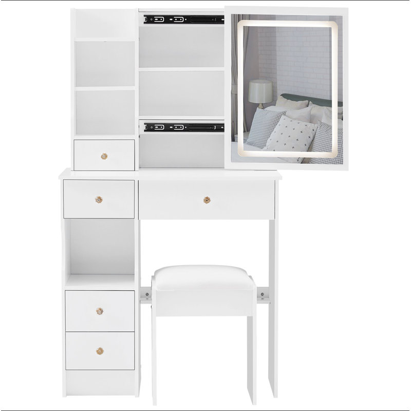 Petit meuble-lavabo de 29,2 po avec tabouret de bureau et tabouret rembourré à gauche 29,5 po, grande commande tactile, interrupteur tricolore, miroir à luminosité réglable, rangement à grande capacité, convient aux petits espaces