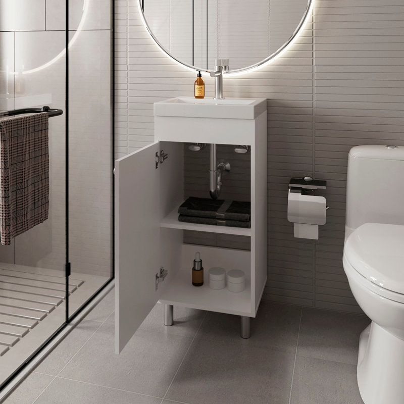 Ensemble de meuble-lavabo de salle de bain, 1 porte, 2 tablettes de rangement, blanc, Blanc