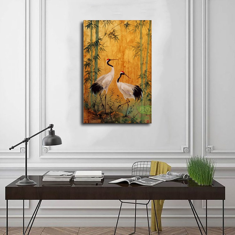 Toile, art mural, deux grues dans la forêt de bambous, affiche rétro, impression, décoration intérieure, 12 po x 18 po